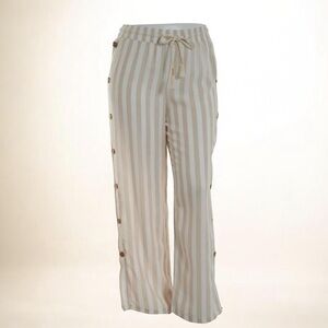 3/$25*French  Laundry Pants Wide Leg Striped Beige White Button Drawstring